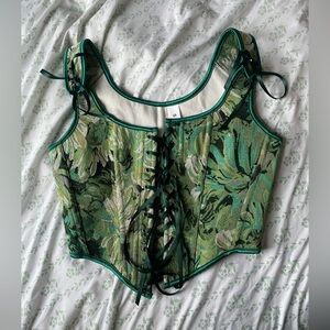 Green Floral Corset Zip Up Top